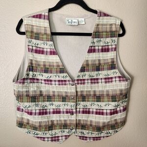 Vintage Tantrums Multi Plaid Pieced Quilt Tan Buttonfront V-neck Vest-Size L
